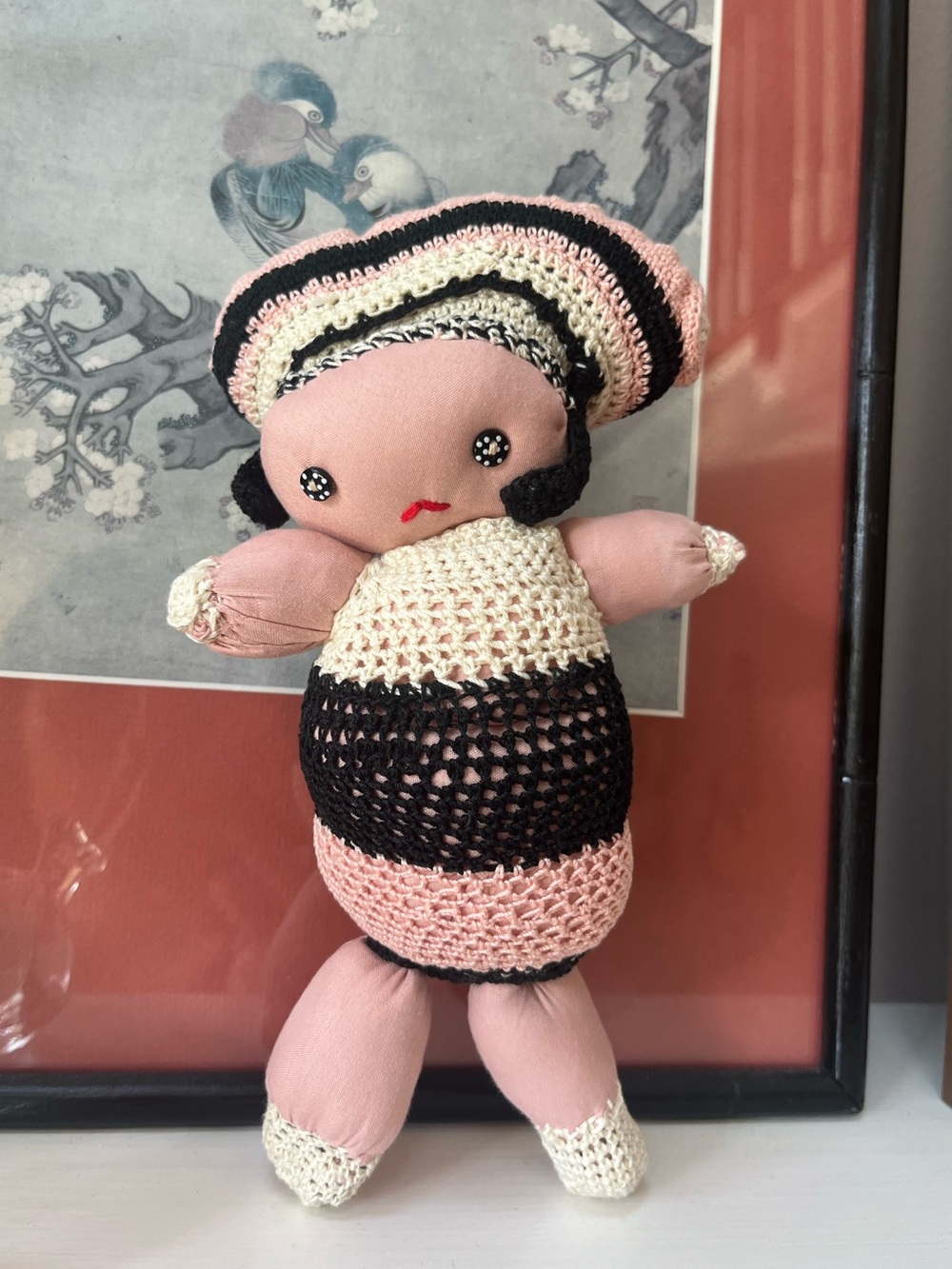 Handmade Crochet Cloth Doll Soft Plush Pink Black Cream 8” Cute OOAK Decorative